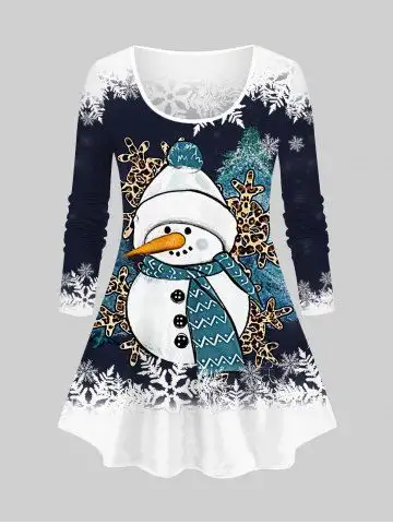 Plus Size Christmas Tree Snowman Snowflake Colorblock Print T-shirt - 4x