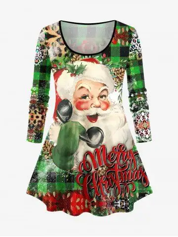 Plus Size Santa Claus Phone Letters Leopard Plaid Print Christmas Long Sleeves T-shirt - Xs
