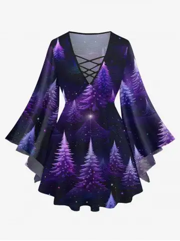 Plus Size Christmas Tree Star Glitter Light Beam 3D Print Lattice Crisscross Flare Sleeve T-shirt - 3x