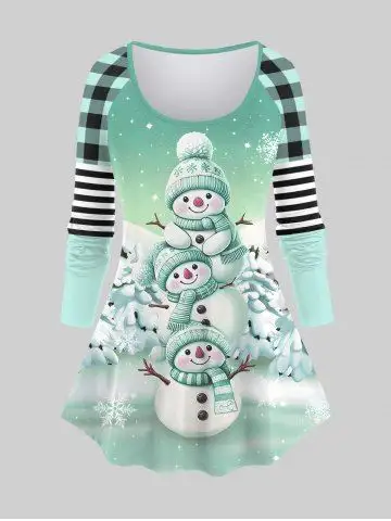 Plus Size Christmas Tree Snowman Snowflake Ombre Plaid Stripes Print Raglan Sleeve T-shirt - Xs