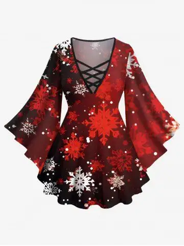Plus Size Christmas Snowflake Print Ombre Lattice Long Sleeves T-shirt - L