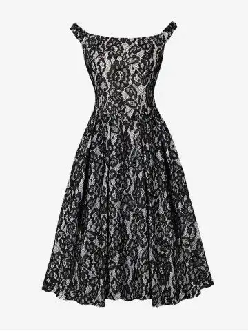 Zipper Floral Lace Lace-up Back Vintage Dress - S