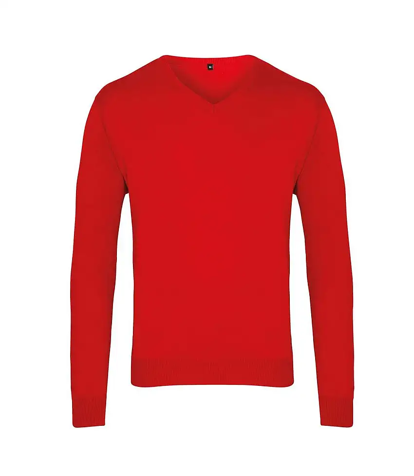 Mens Knitted Cotton Acrylic V Neck Sweatshirt Red Premier