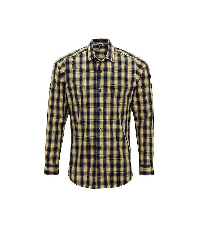 Mens Mulligan Checked Cotton Long-sleeved Shirt Camel Navy Premier