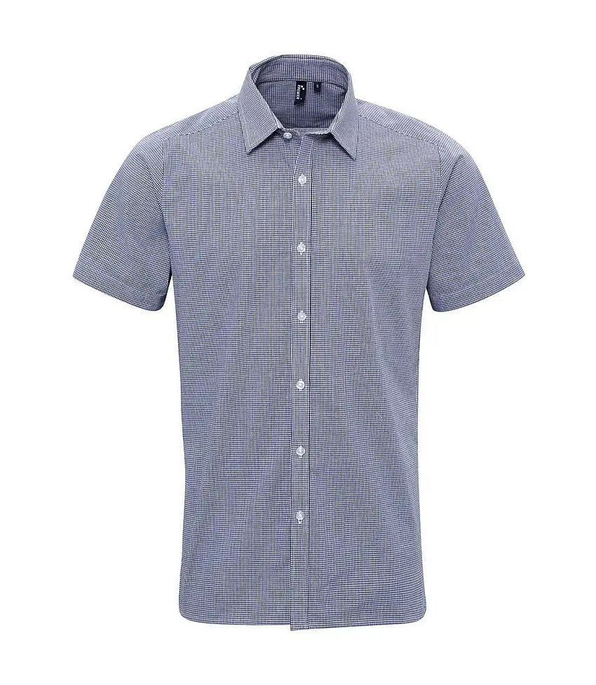Mens Micro Gingham Check Cotton Short-sleeved Shirt Navy White Premier