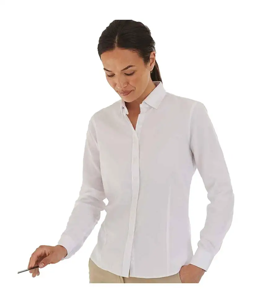 Womens/ladies Cotton Coolplus Long-sleeved Formal Shirt White Henbury