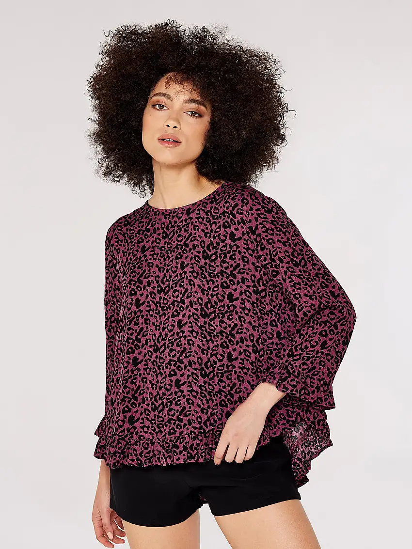 Animal Print Ruffle Top Burgundy