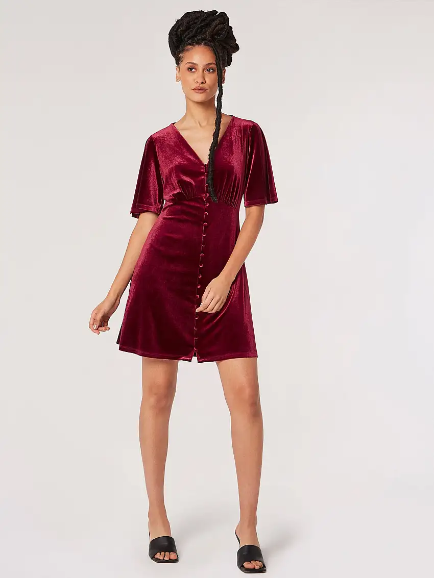 Velvet Button-Down Mini Dress Burgundy