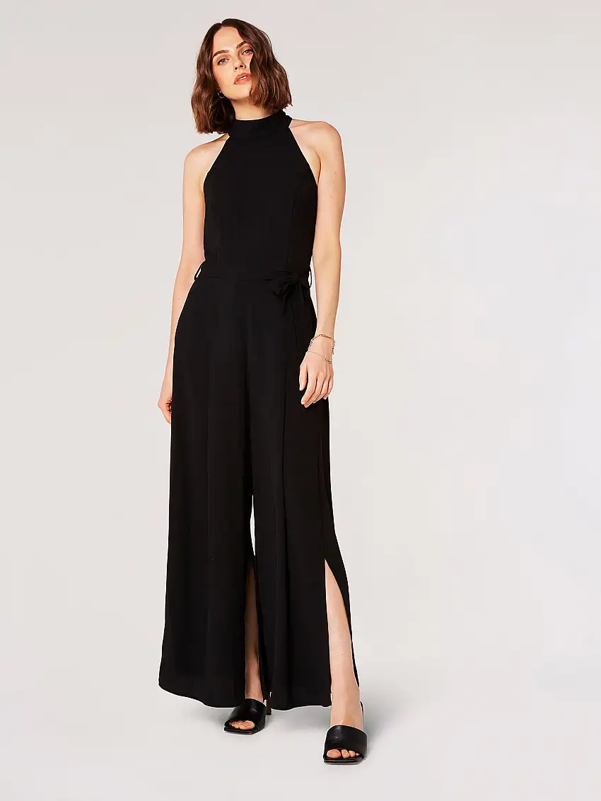 Halter Neck Split Leg Jumpsuit Black