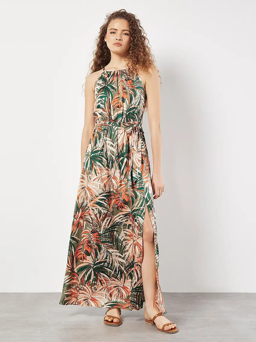 Tropical Leaf Satin Maxi Dress Khaki