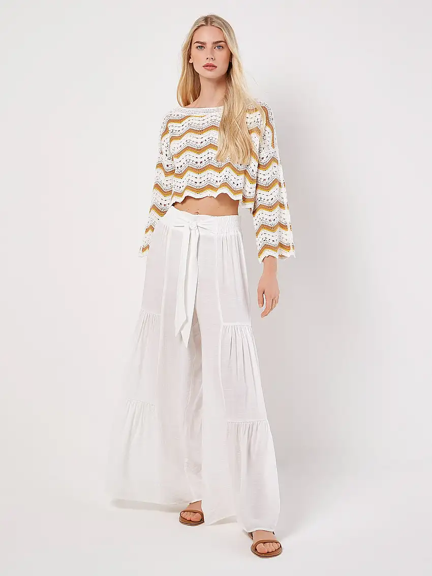 Tiered Wide-Leg Woven Trousers Cream