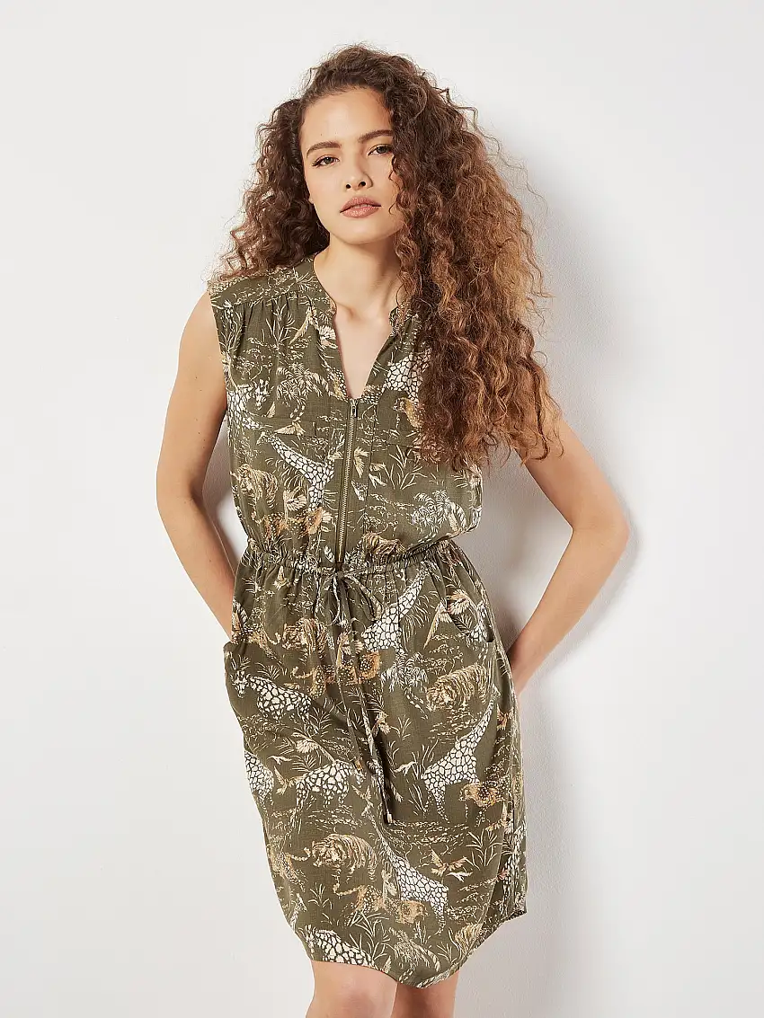 Tropical Animal Print Zip Mini Dress Khaki