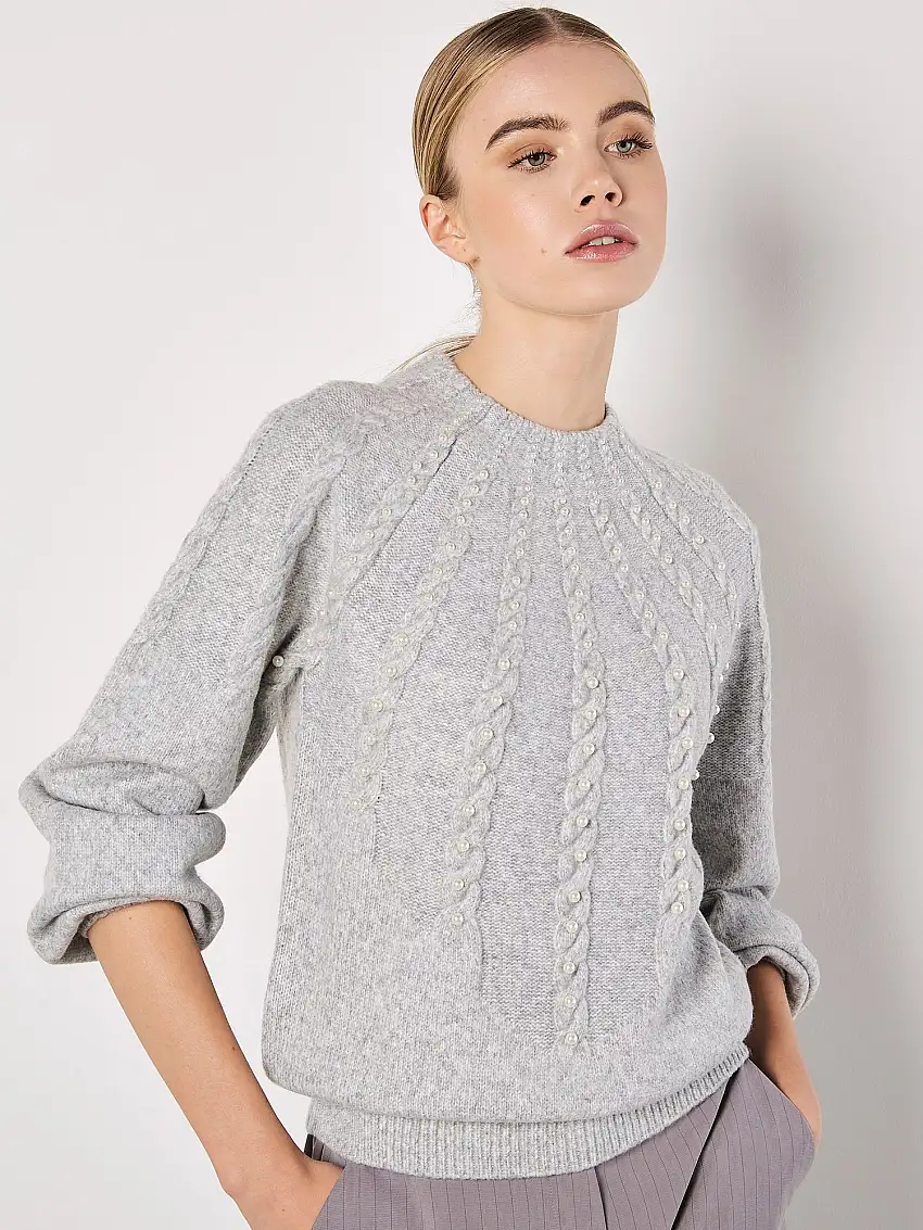 Pearl Embellished Cable Knit Jumper Grey