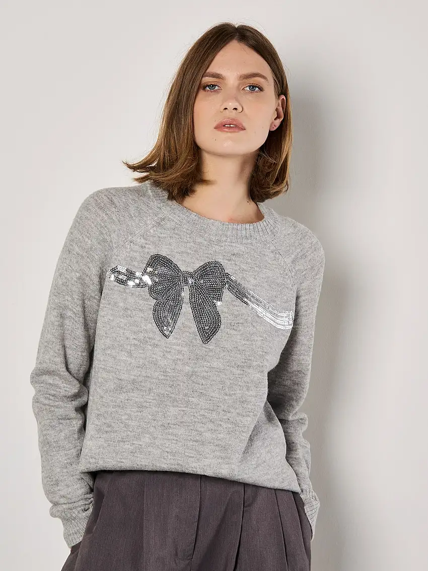 Sequin Embellished Bow Jumper Grey