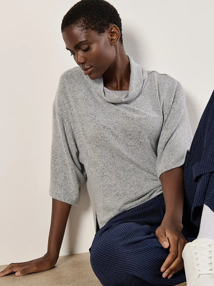 Soft Touch Cowl Neck Top Light Grey / Silver