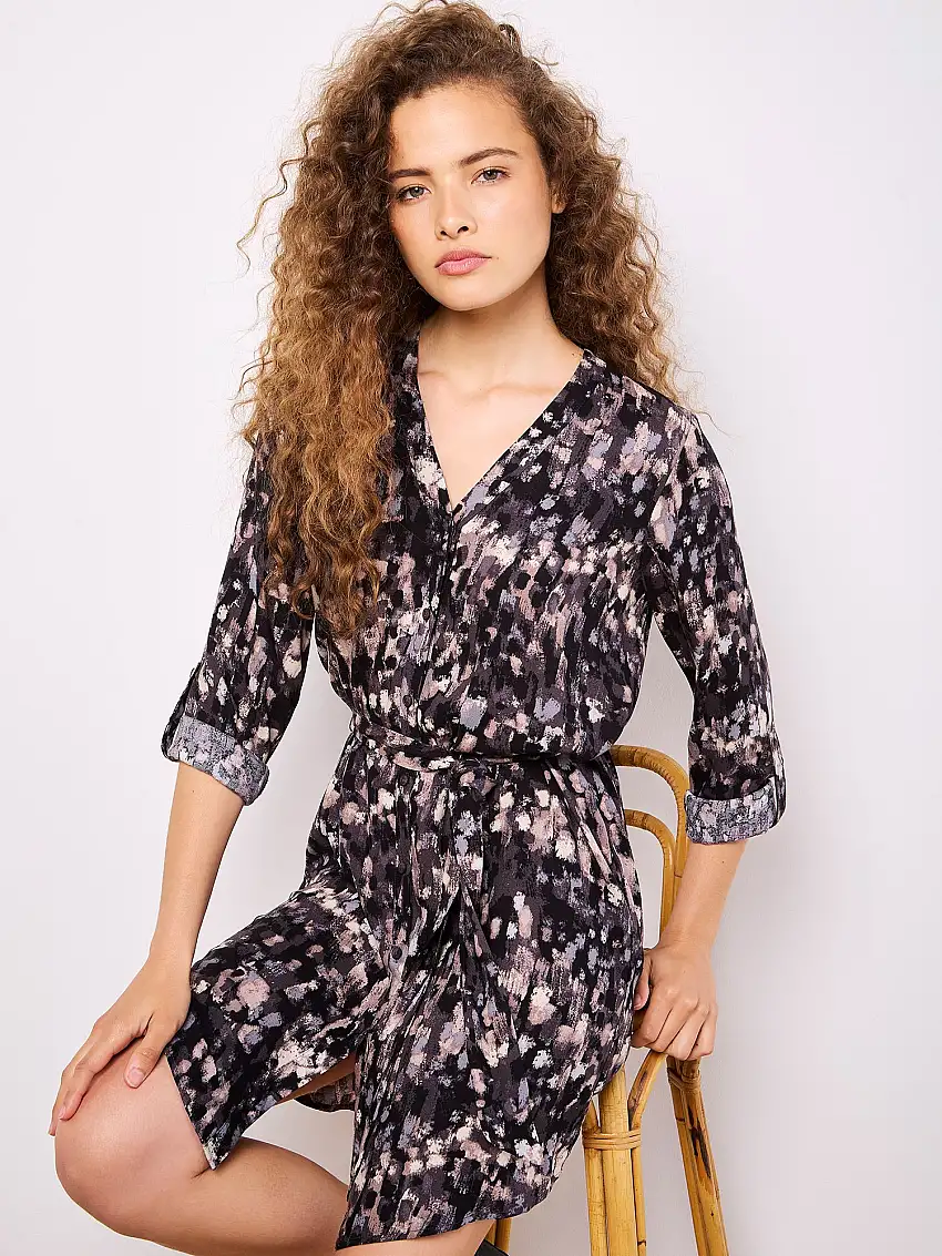 Abstract Brushstroke Shirt Mini Dress Dark Grey - Charcoal