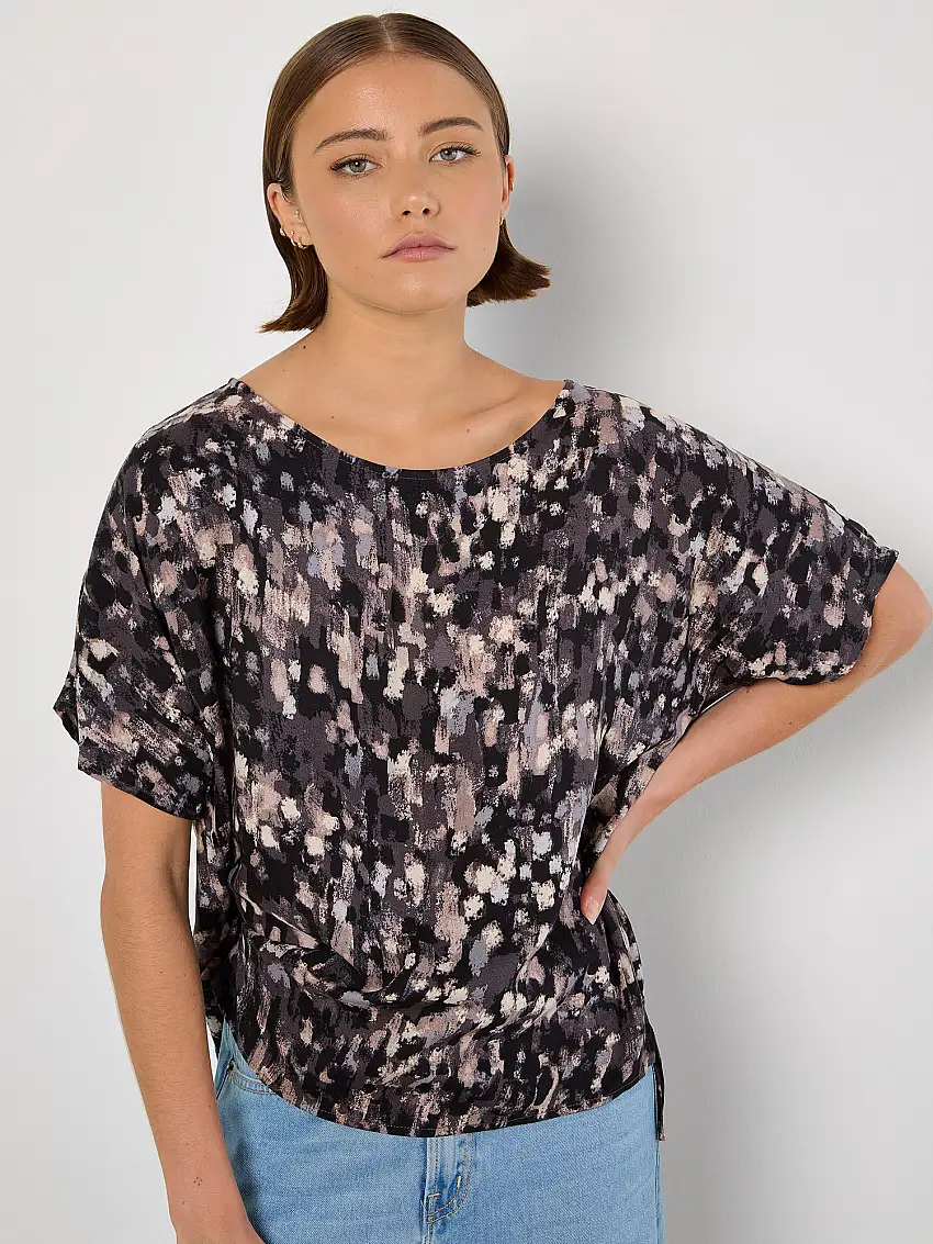 Abstract Brushstroke Woven Top Dark Grey - Charcoal