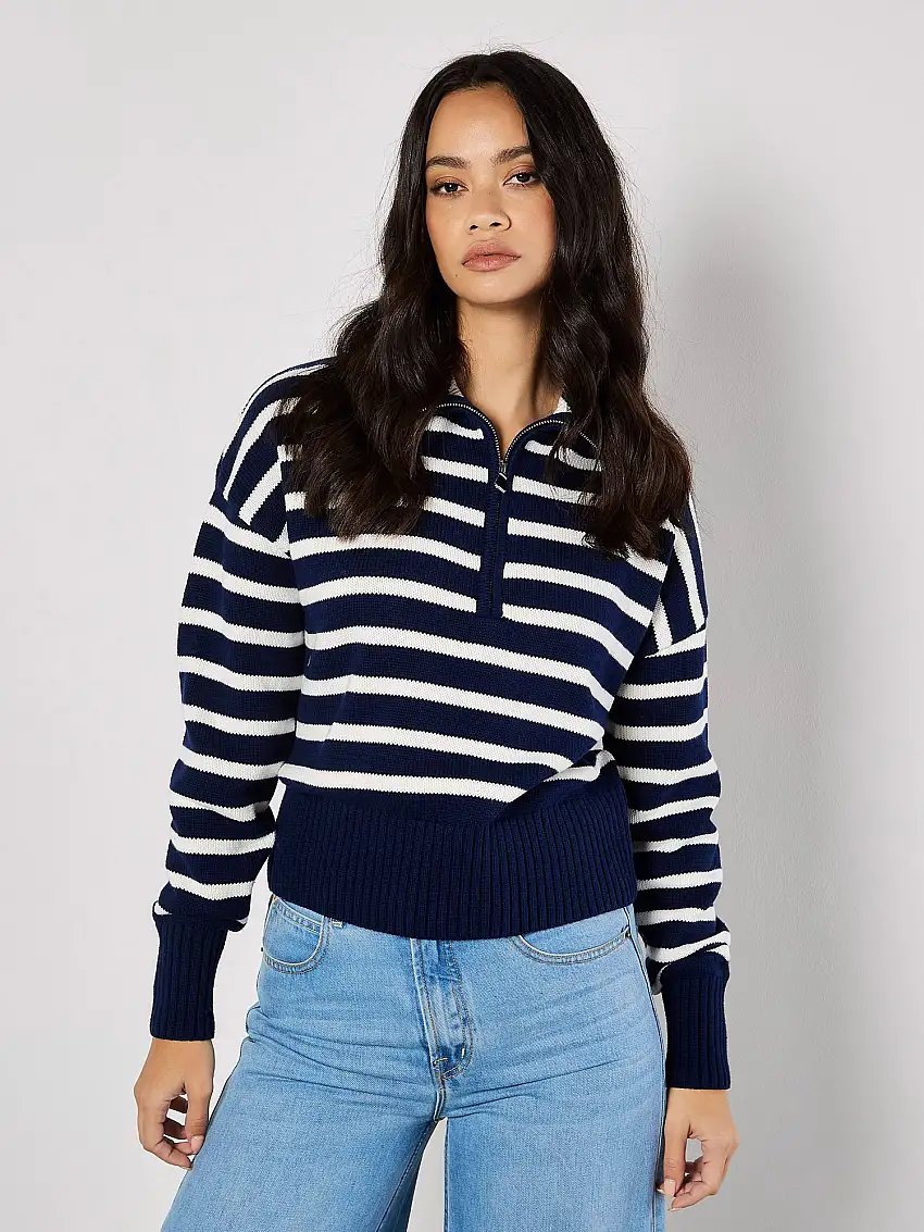 Zip Neck Stripe Jumper Navy