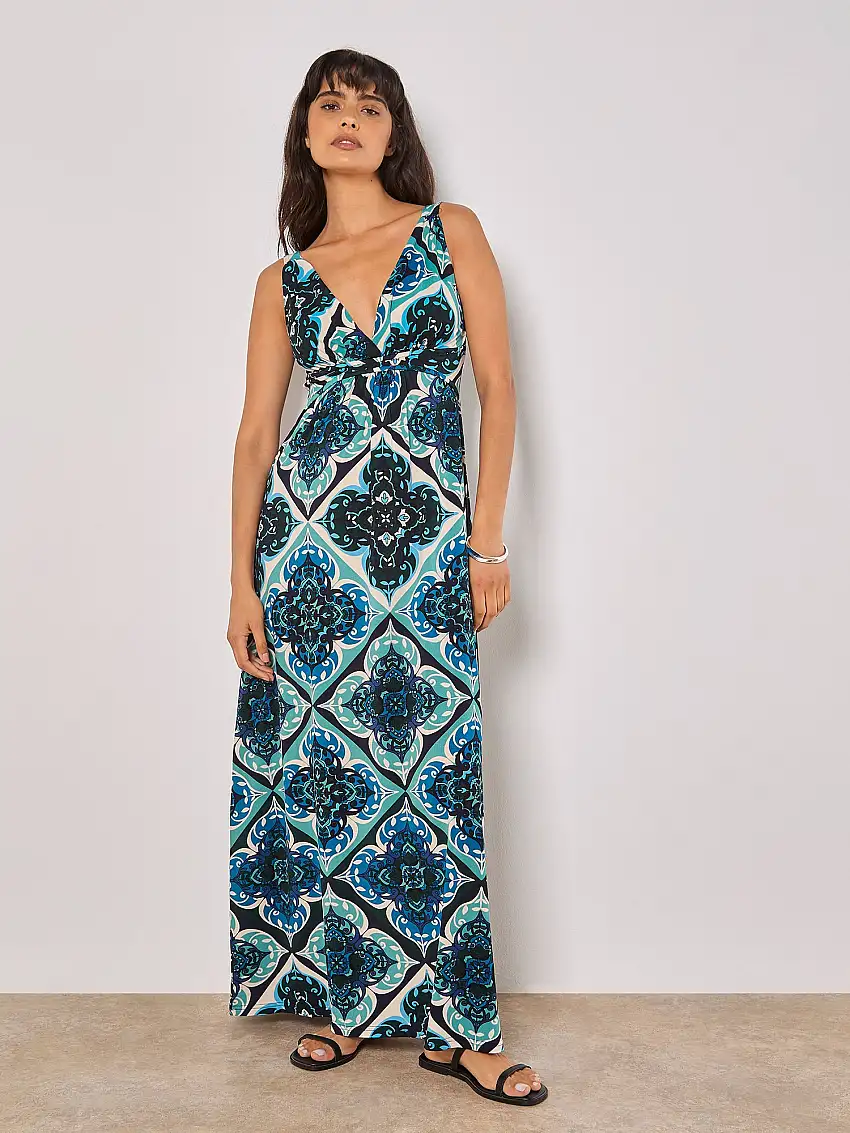 Tile Print Jersey Maxi Dress Aqua - Turquoise