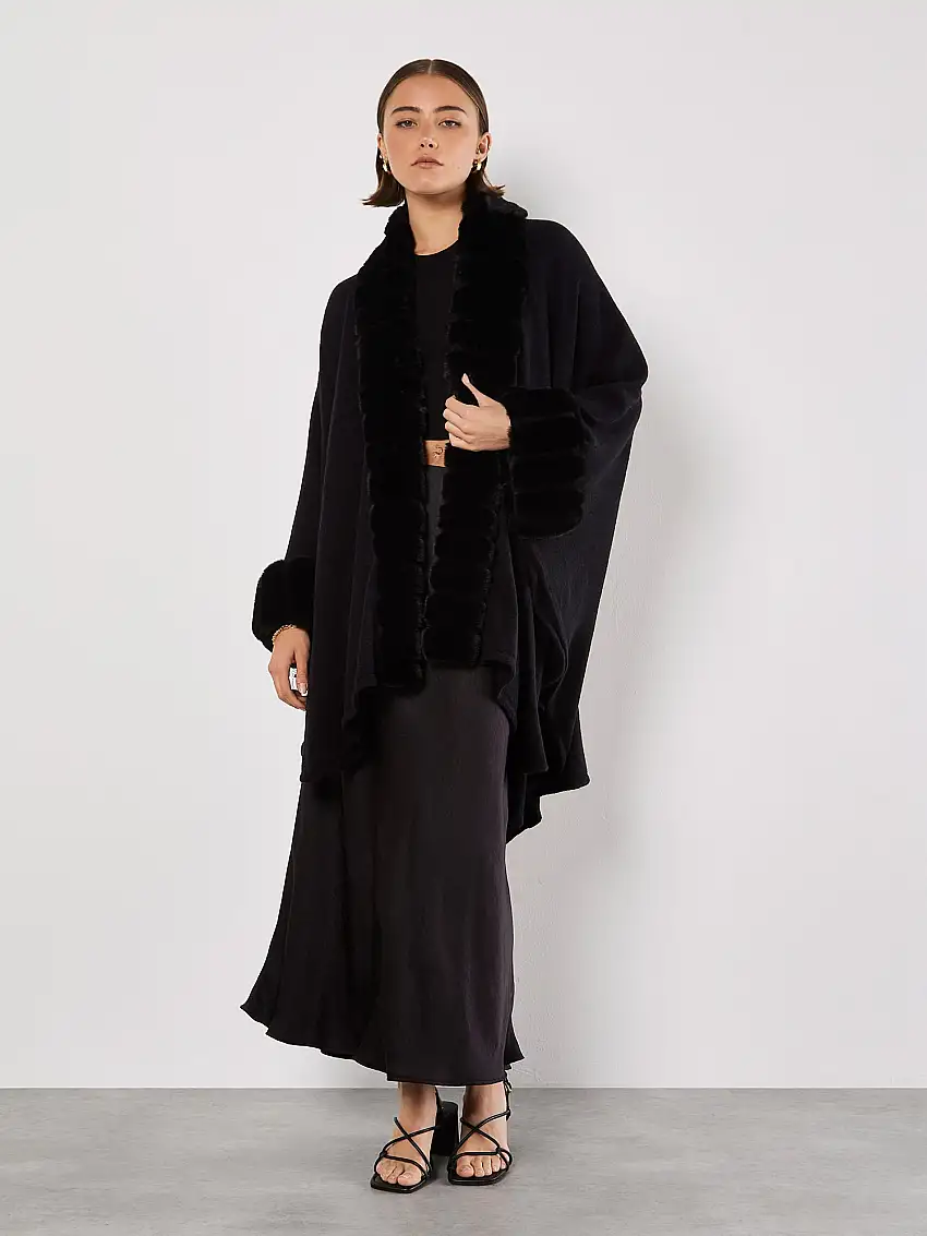 Faux Fur Trim Waterfall Cape Black