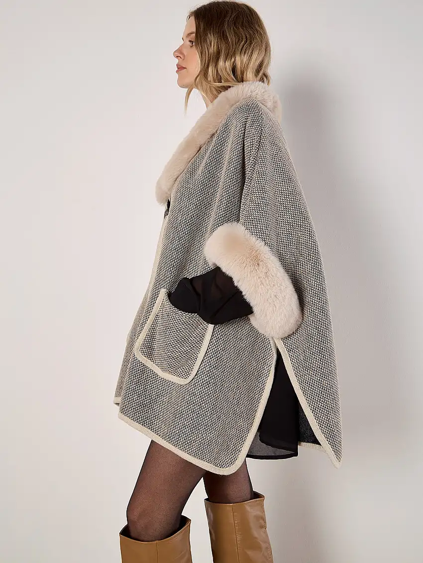Heritage Texture Faux Fur Lined Cape Stone