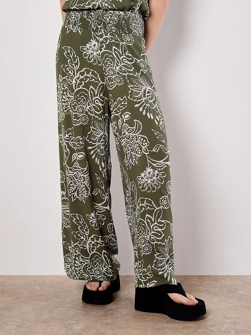 Sarasa Floral Wide Leg Trousers Khaki
