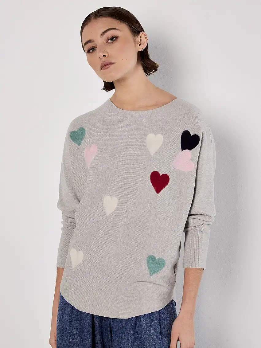 Applique Heart Batwing Jumper Light Grey / Silver