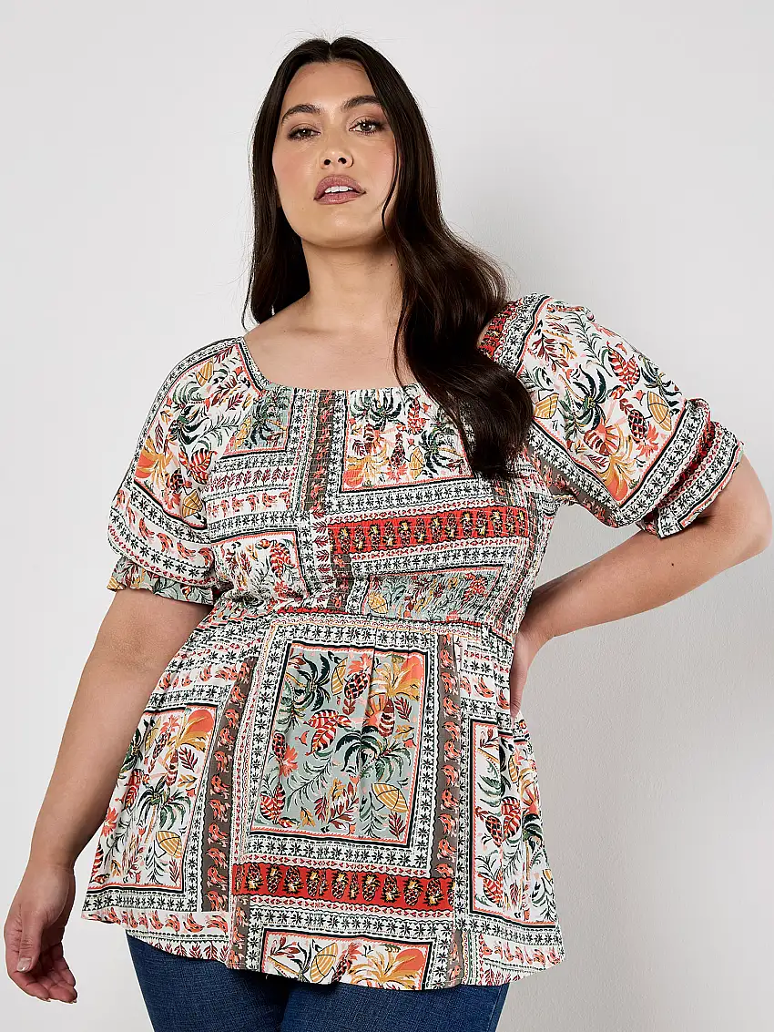 Tropical Scarf Prnt Milkmaid Top Orange