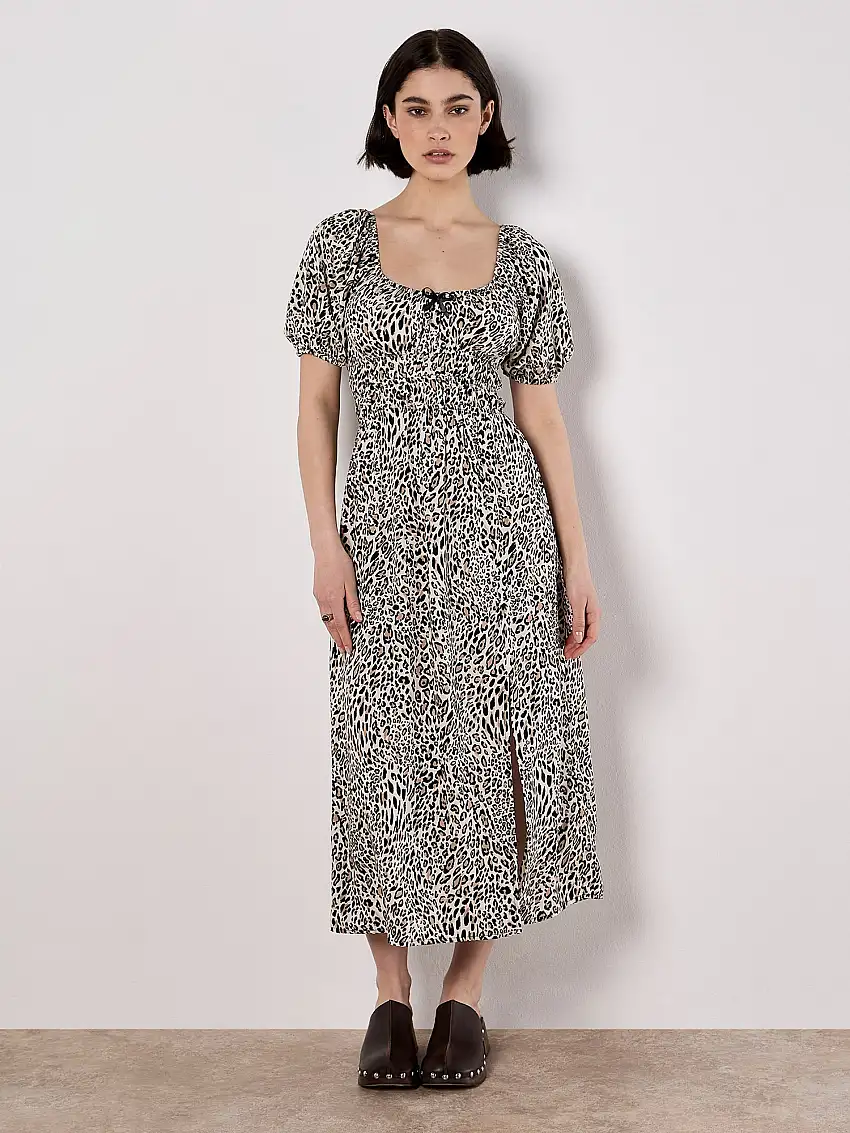 Animal Print Milkmaid Midi Dress Cream