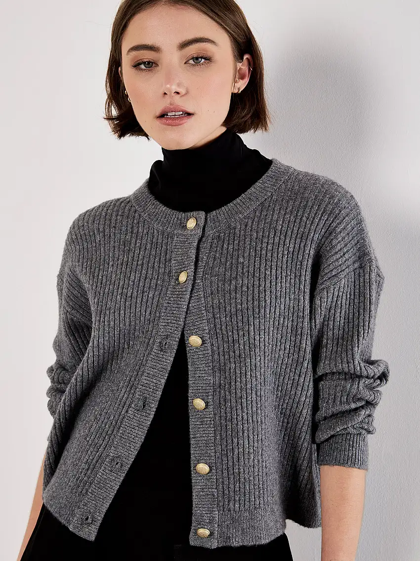 Soft Ribbed Knit Cardigan Grey