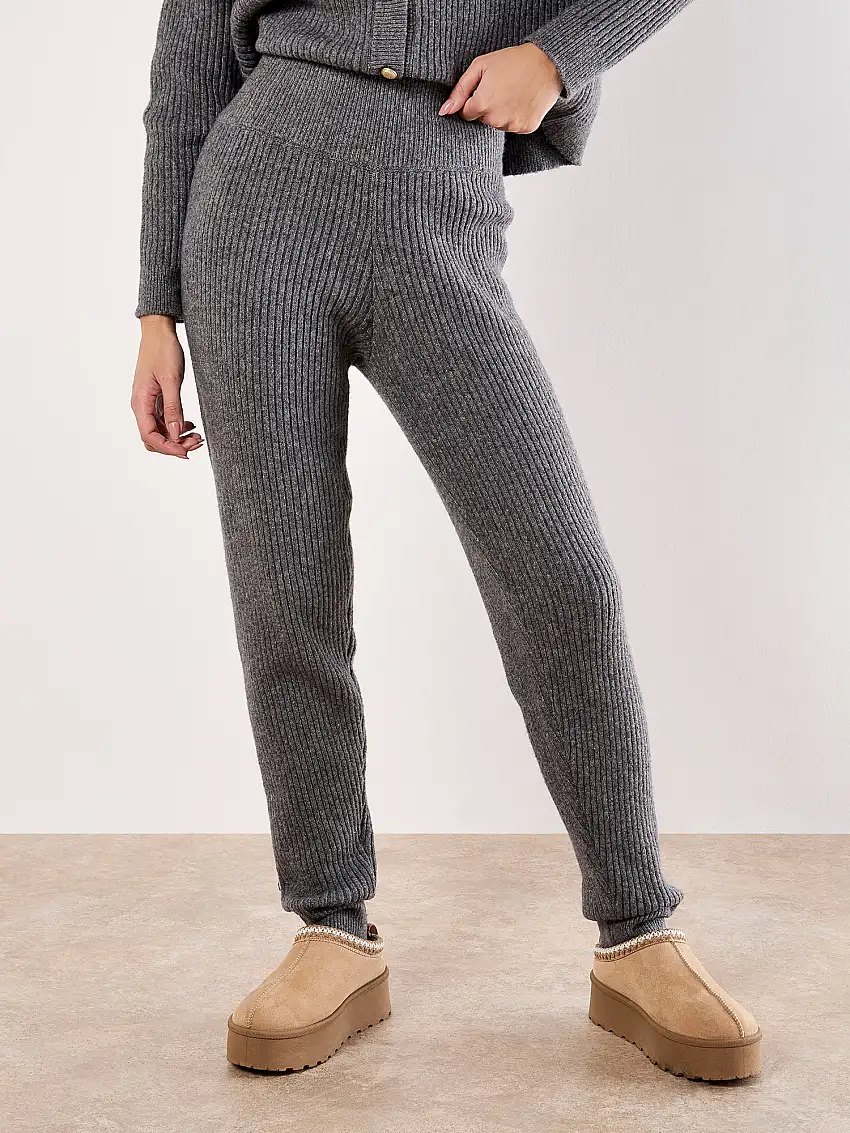 Soft Ribbed Knit Slim-Leg Joggers Grey