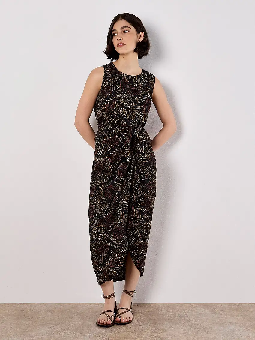 Batik Leaf Wrap Midi Skirt Black