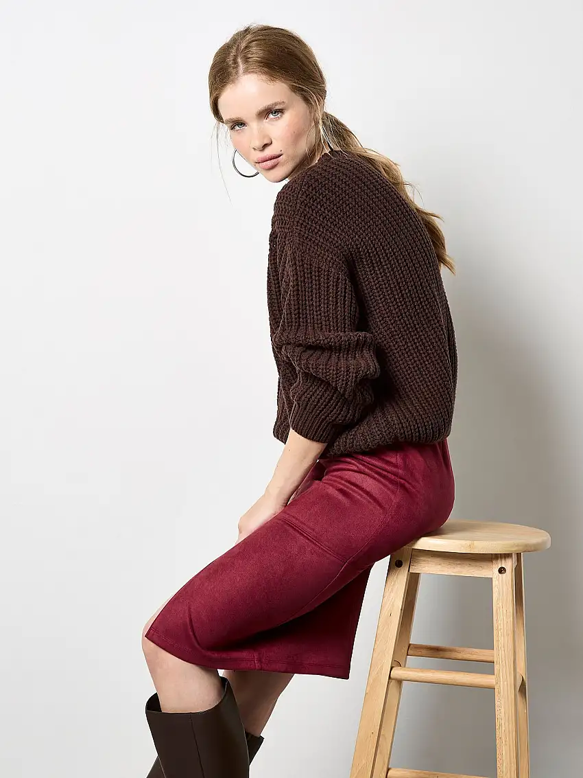 Split Front Suede Pencil Skirt Burgundy