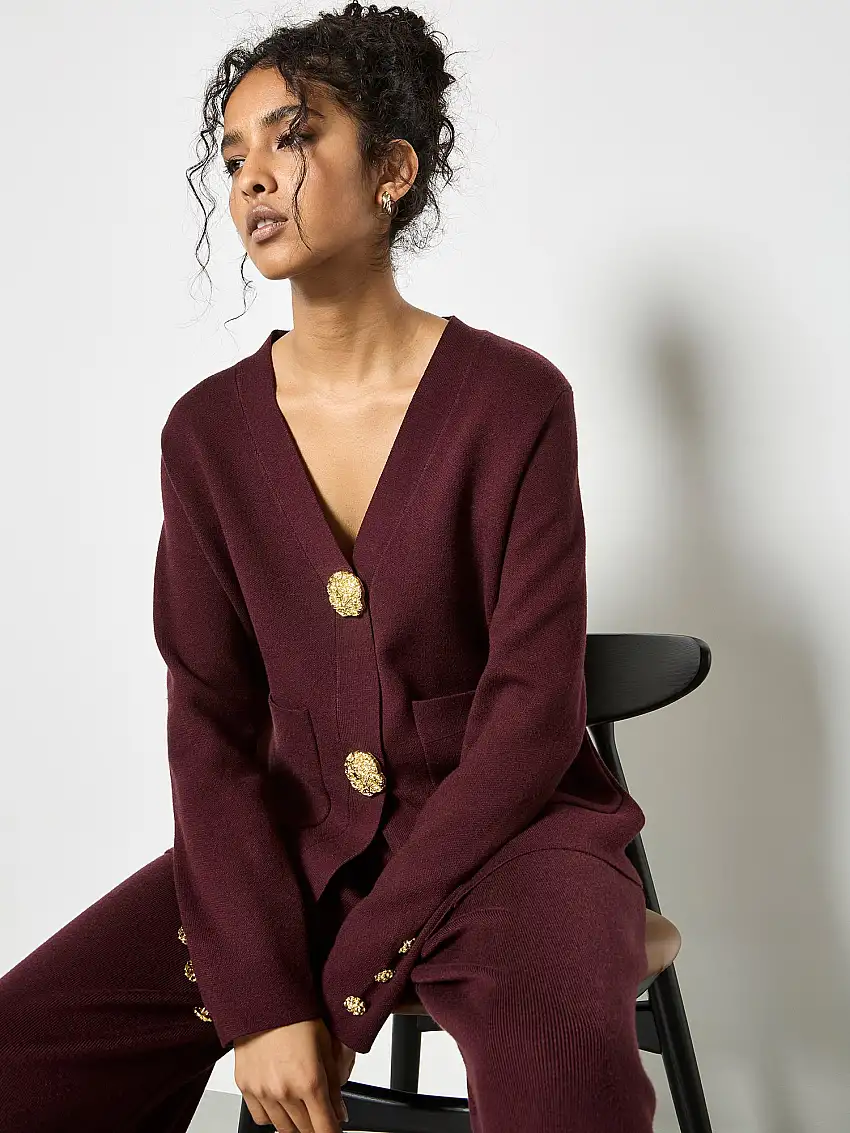 Statement Hammered Buttons Lightweight Cardigan Burgundy
