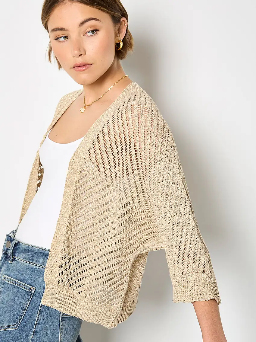 Apricot Gold Shimmer Open Knit Cardigan Mustard