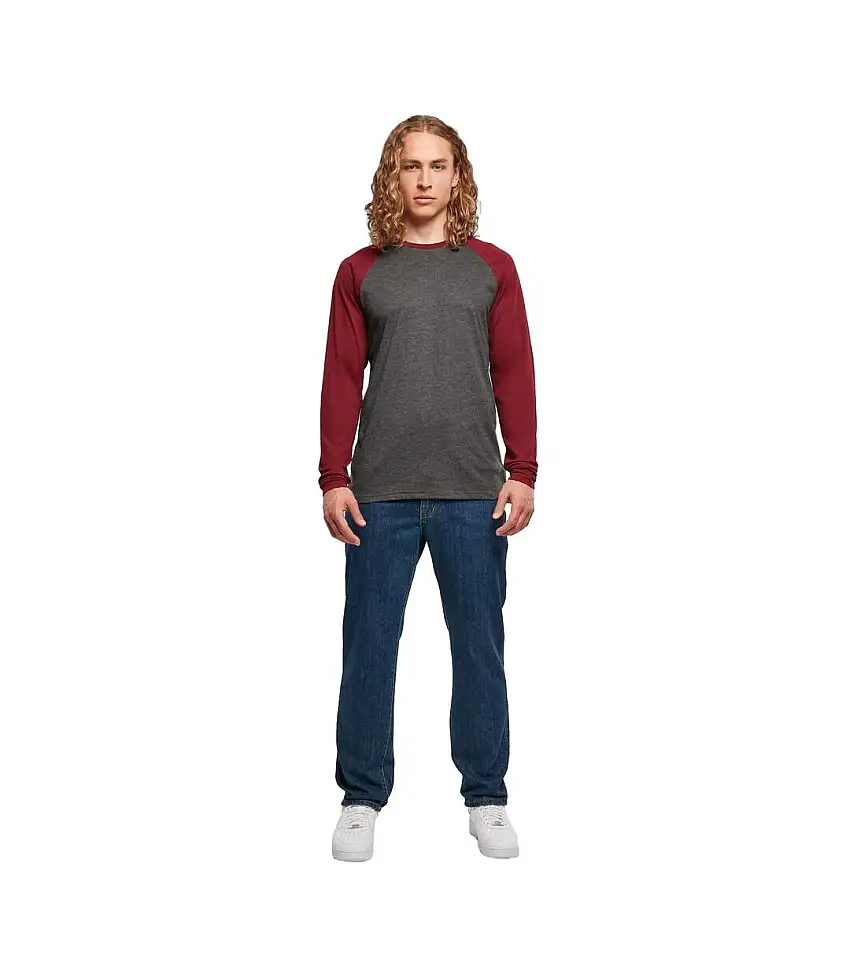 Mens Contrast Raglan Long-sleeved T-shirt Charcoal Cherry Build Your Brand
