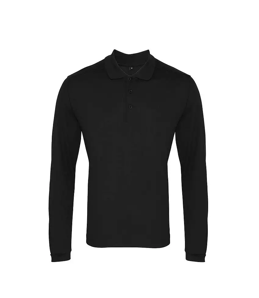 Mens Coolchecker Pique Long-sleeved Polo Shirt Black Premier