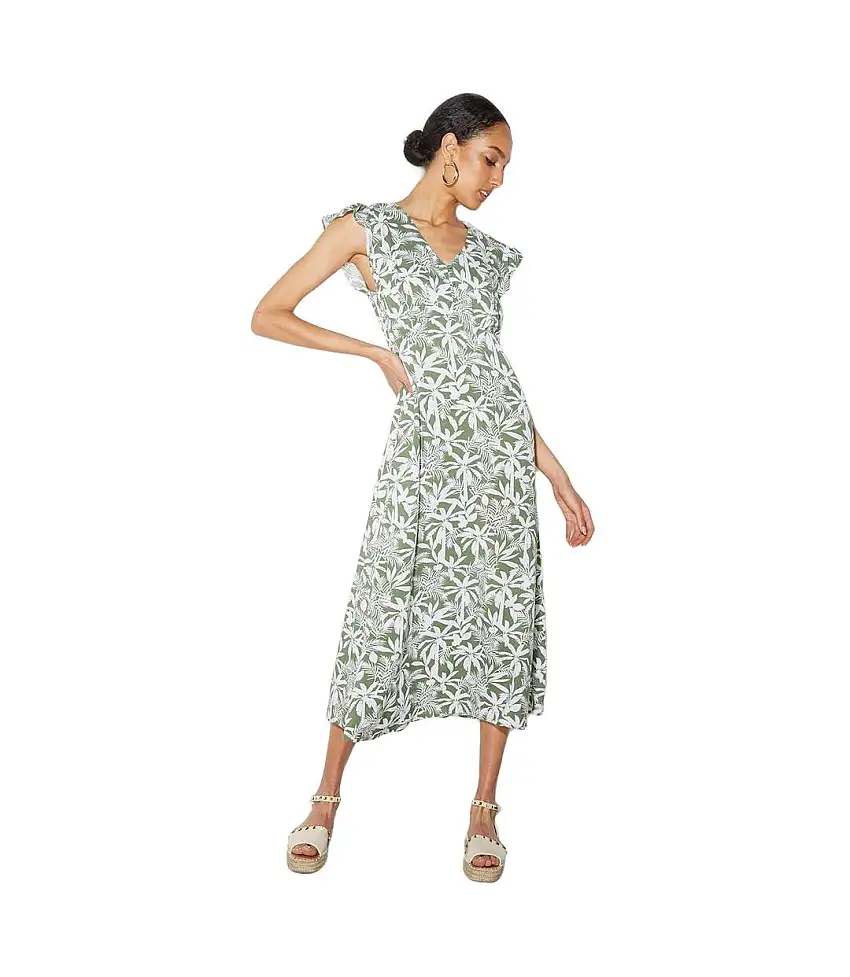 Womens/ladies Safari Button Detail Petite Ruffle Midi Dress Green Dorothy Perkins