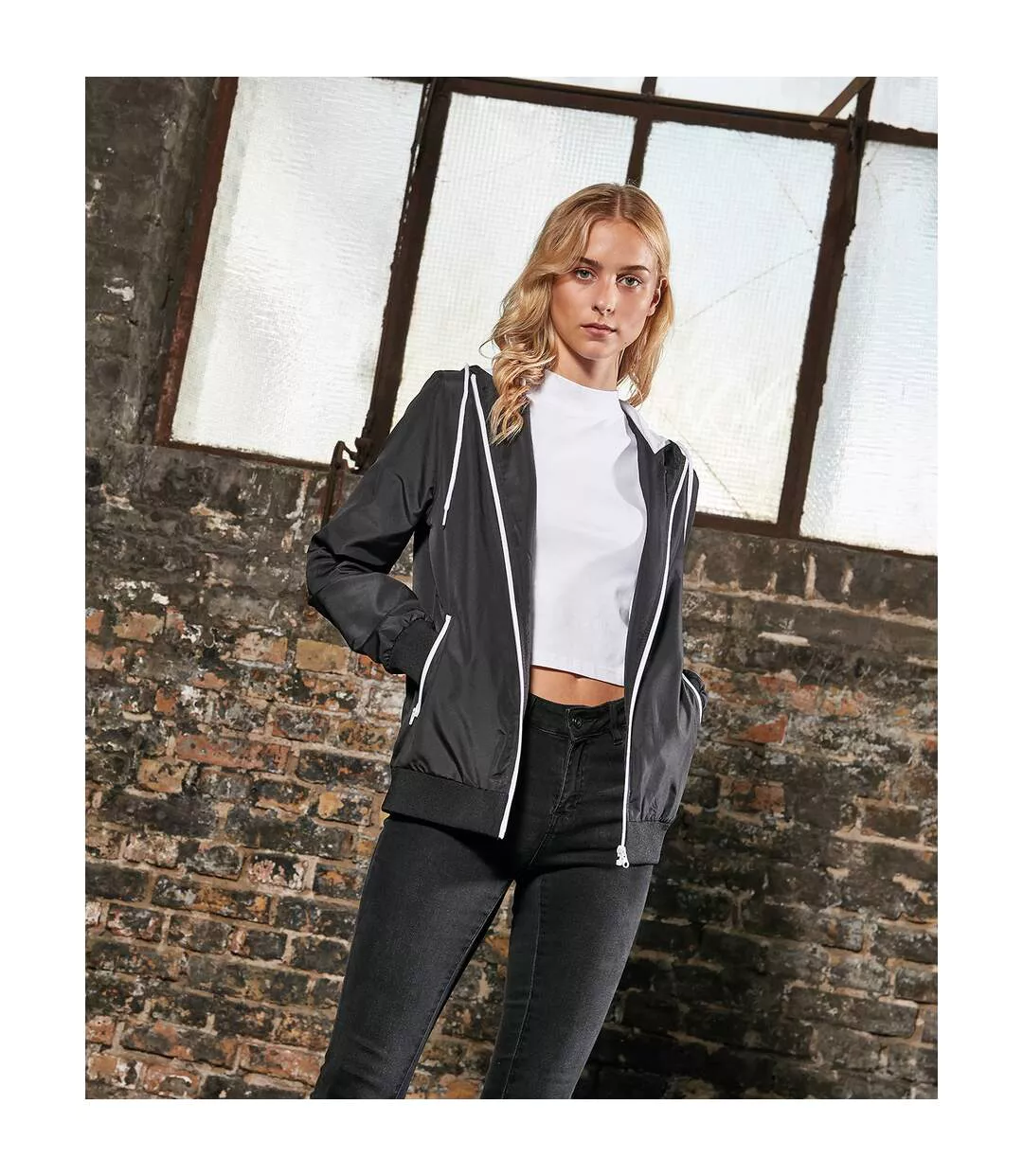 Womens/ladies Windrunner Recycled Jacket Black White Build Your Brand