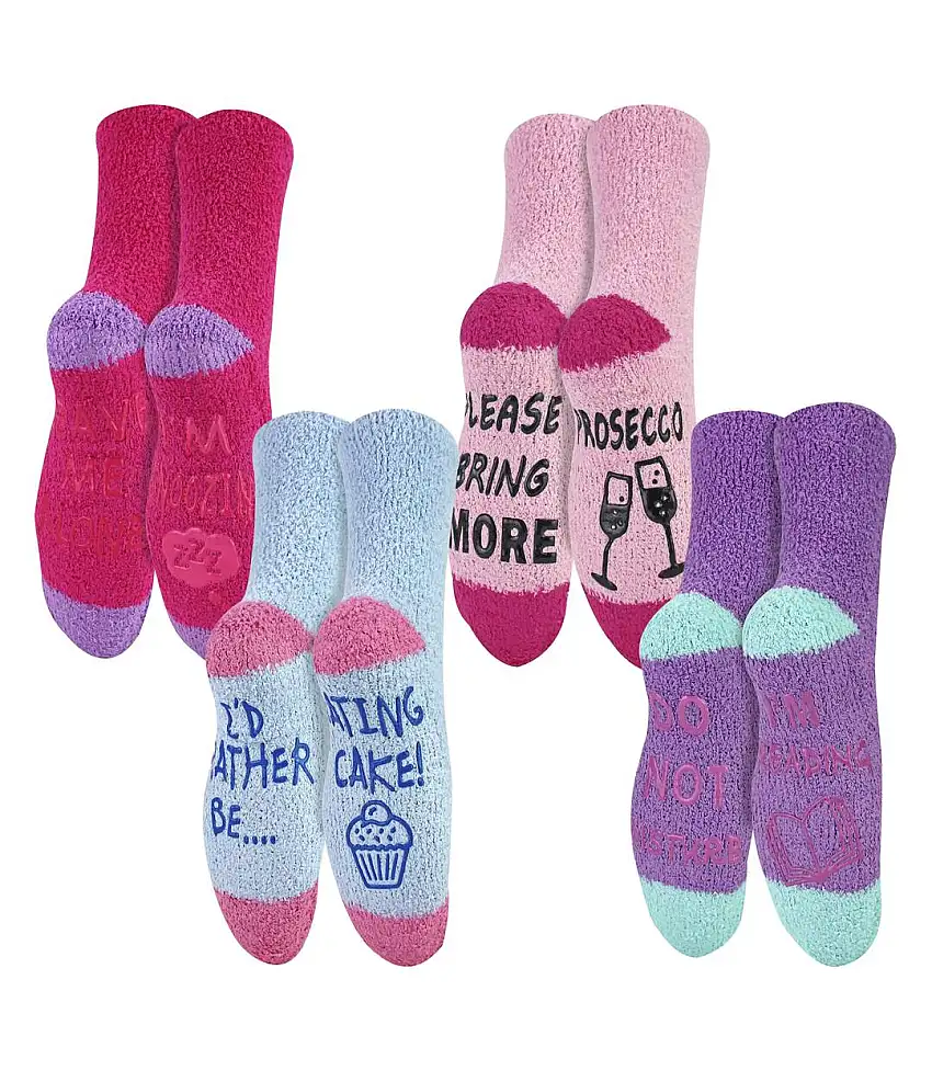 4 Pack Ladies Funny Cake Socks | Soft Fluffy Novelty Non Slip Gift Socks