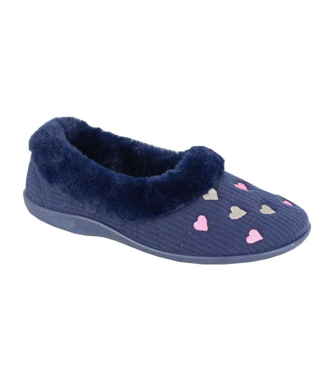 Womens/ladies Daisy Hearts Slippers Navy Sleepers