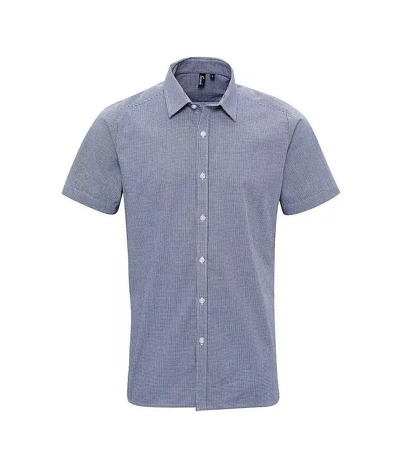 Mens Gingham Cotton Short-sleeved Shirt Navy White Premier