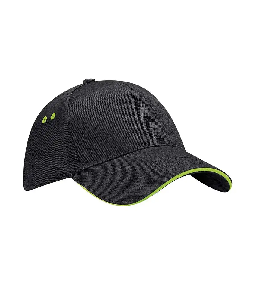 5 Panel Sandwich Peak Baseball Cap Black Lime Green Beechfield