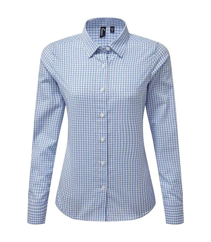 Womens/ladies Maxton Gingham Long-sleeved Shirt Light Blue White Premier