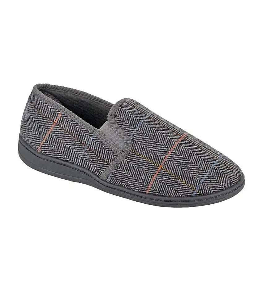 Mens Kenny Herringbone Twin Gusset Slippers Grey Zedzzz