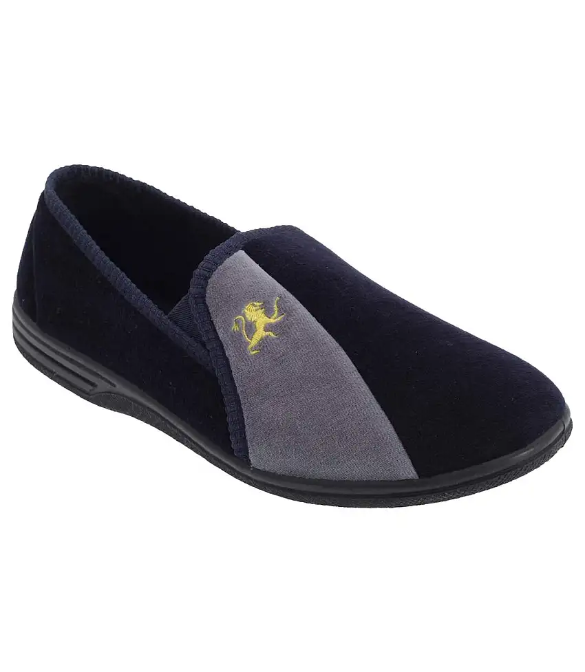 Zedzzz Mens Aaron Twin Gusset Velour Slippers (Navy Blue/Grey) - UTDF840