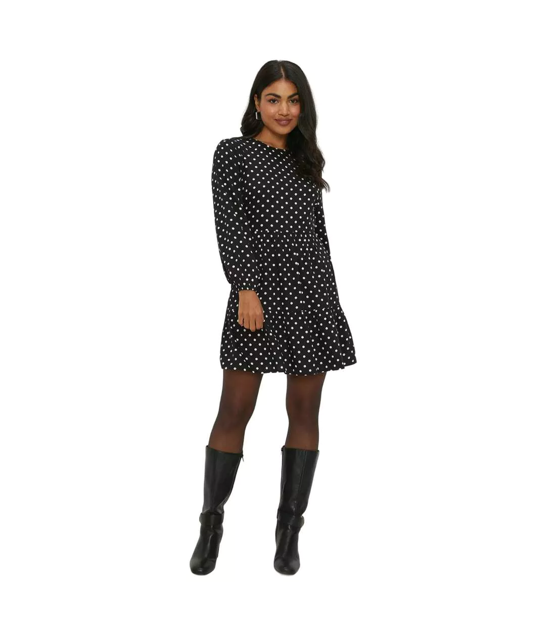 Womens/ladies spotted tiered hem mini dress black Dorothy Perkins
