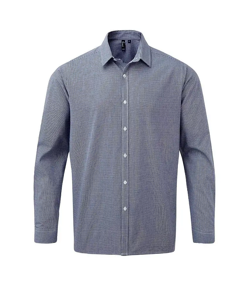 Mens Gingham Long-sleeved Shirt Navy White Premier